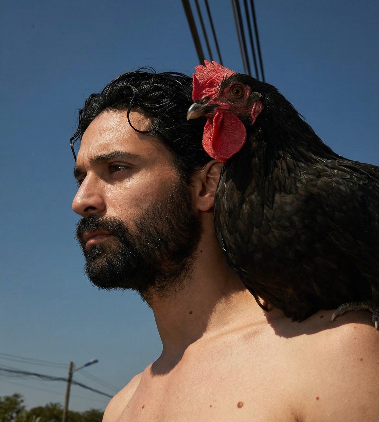 Amos Le Blanc bare shouldered in profile with a black hen resting against his neck