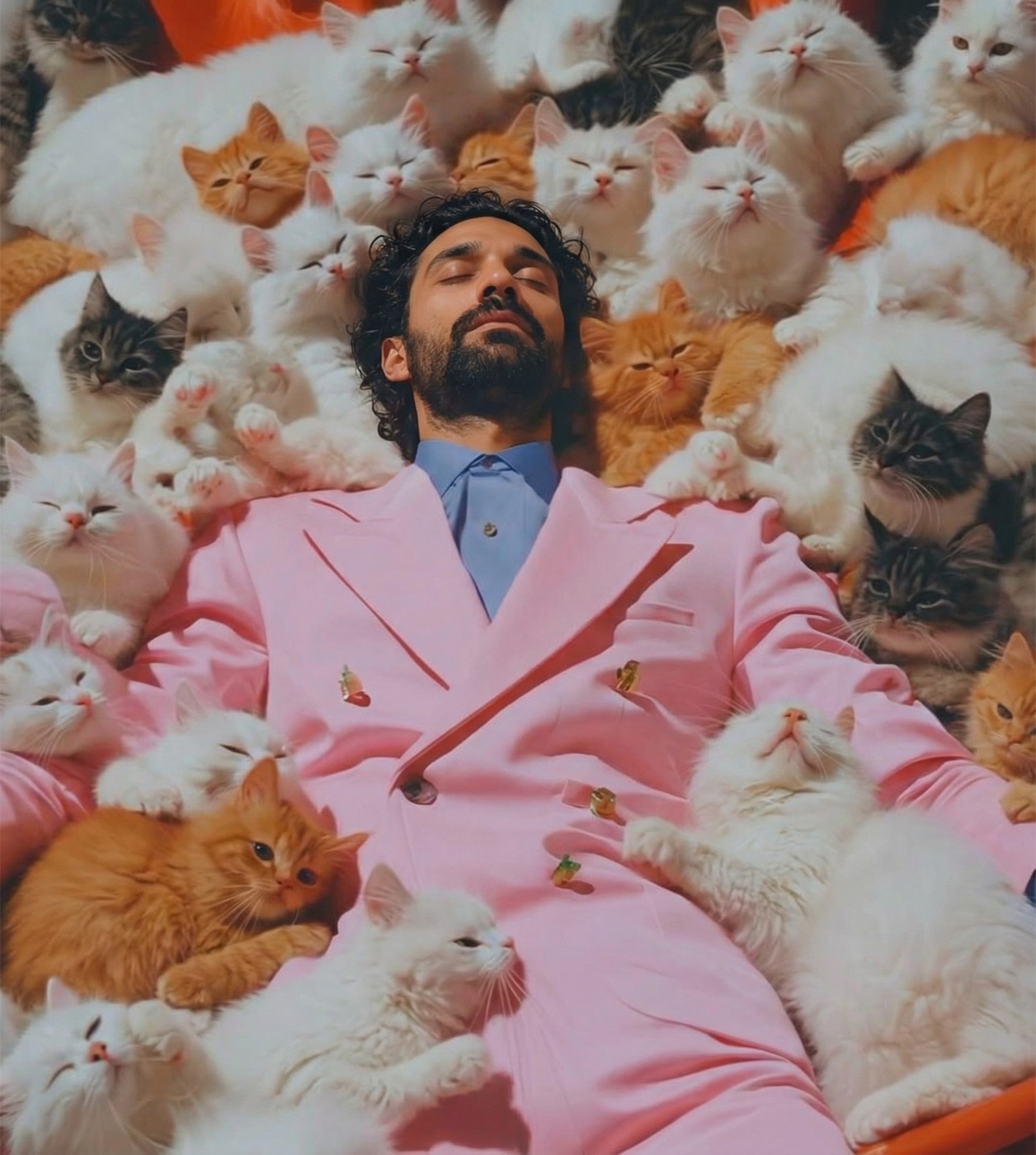 Amos Le Blanc in a pink suit lying among dozens of fluffy cats with eyes closed