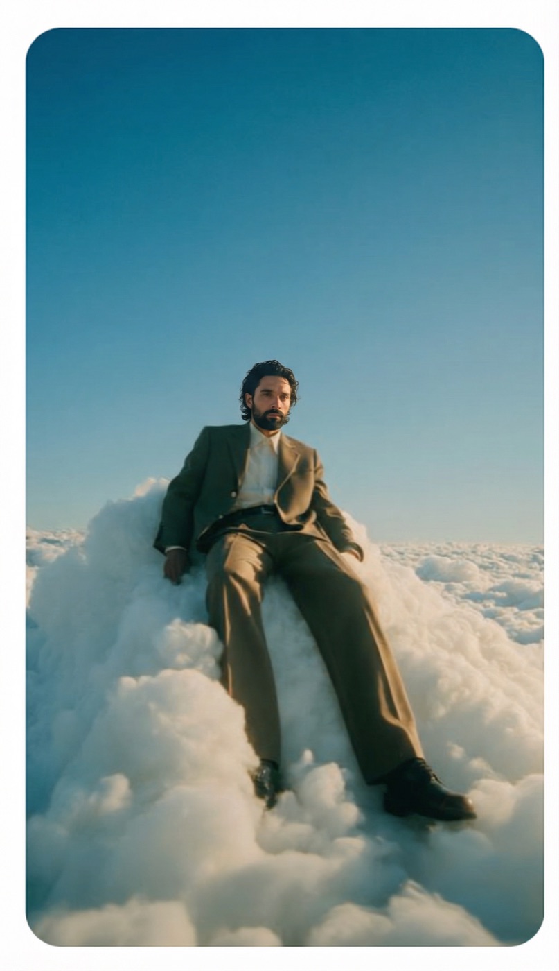 Amos Le Blanc in an olive suit seated on a cloud above a blanket of clouds